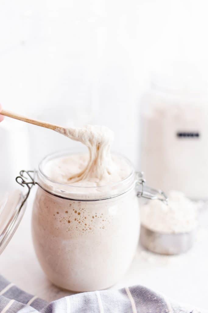 sourdough starter being stretched by a wooden spoon.