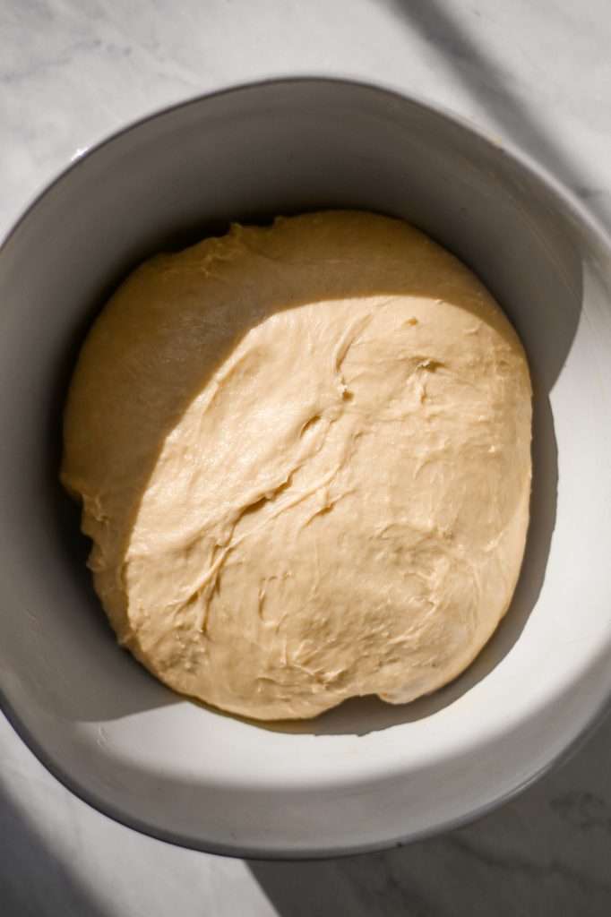 A smooth, well-risen ball of sourdough king cake dough in a mixing bowl.