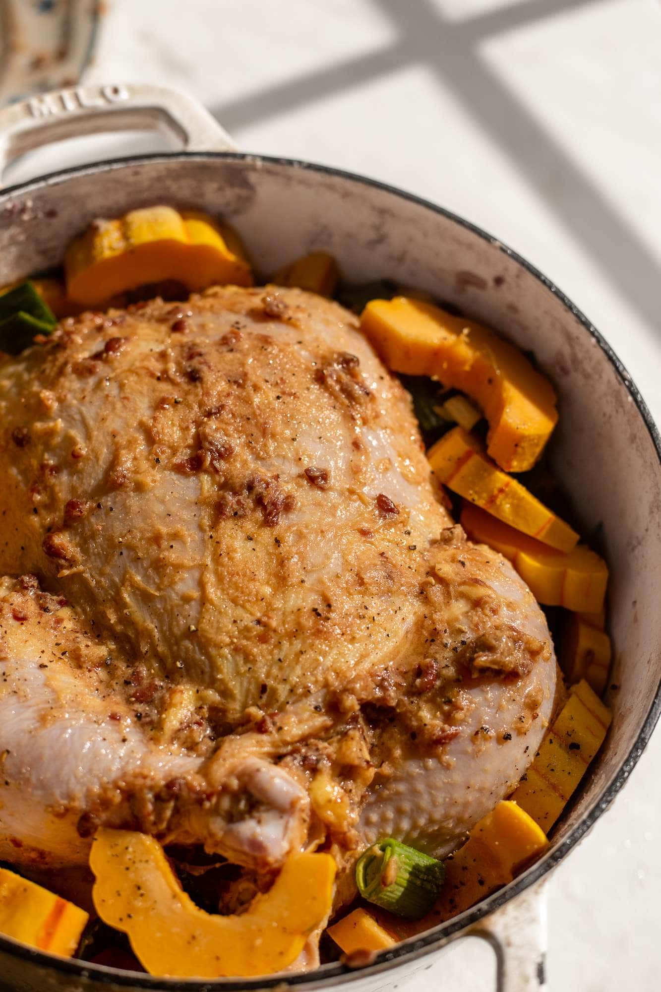 Dutch Oven Whole Miso Chicken with Leeks and Winter Squash
