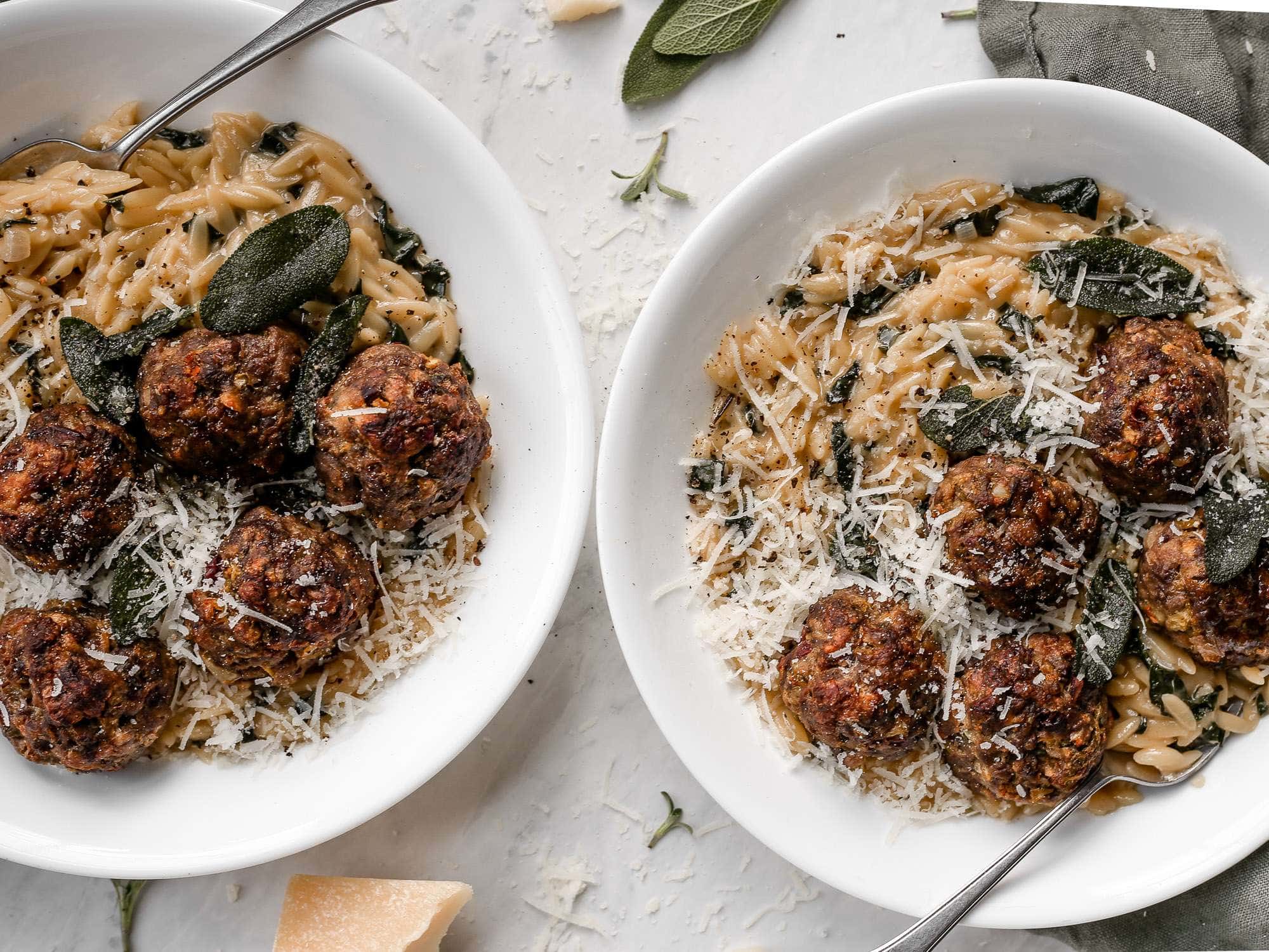 Venison Cranberry Sauerkraut Meatballs with Apple Sage Orzo