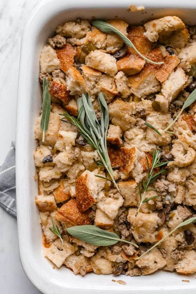 Sourdough Stuffing with Sausage, Mushrooms and Sage