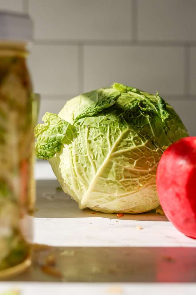 a large, light green savoy cabbage on a white marble counter