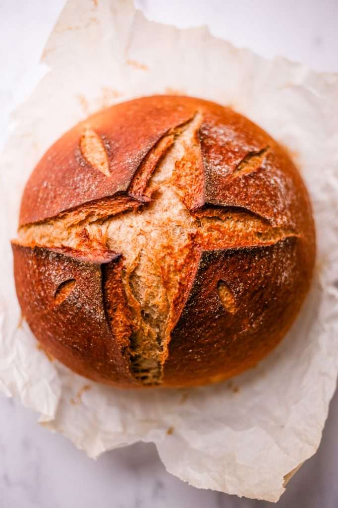 a sourdough boule made without any sourdough starter. 