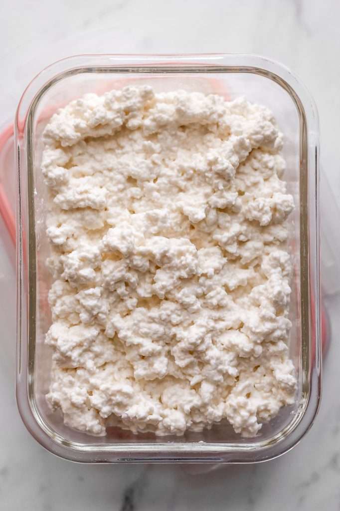 homemade cottage cheese in a glass container with an air-tight lid. 