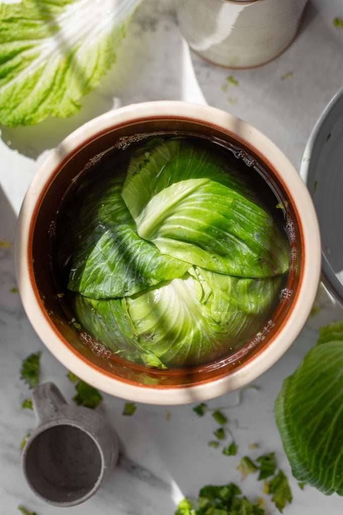 one of the important steps when learning how to make sauerkraut in a crock— tucking everything into the crock with outer cabbage leaves before adding in the weights. 