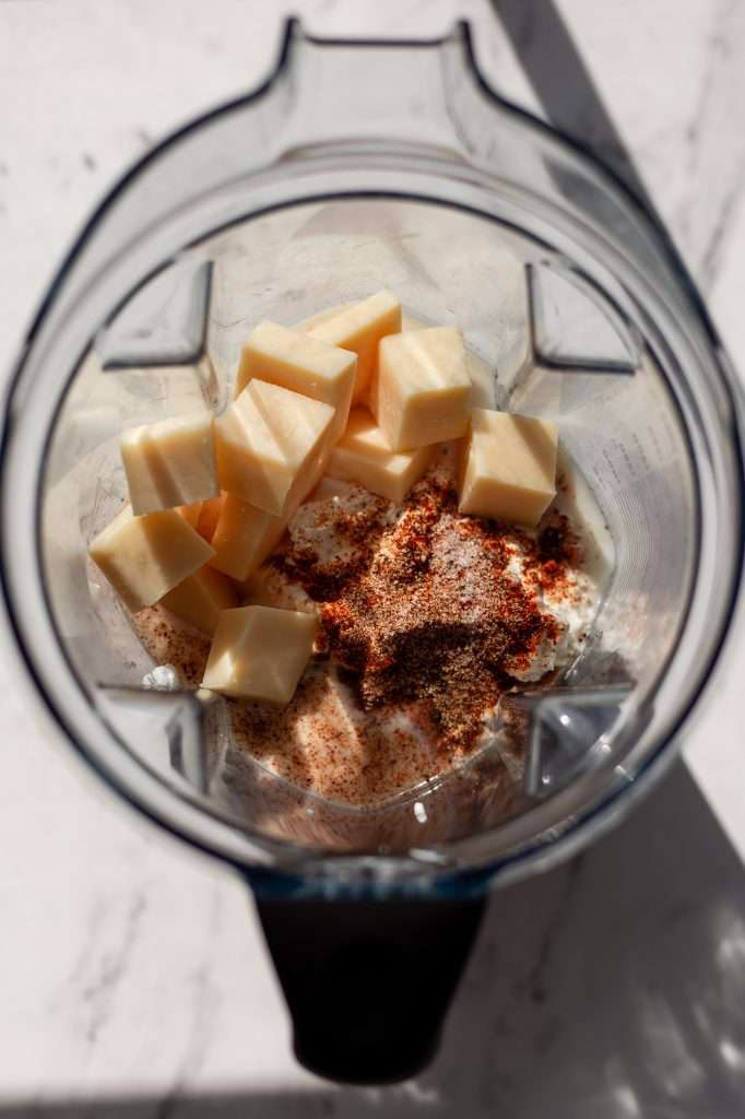 Cubed gouda cheese, cottage cheese, and spices in a blender ready to be blended.