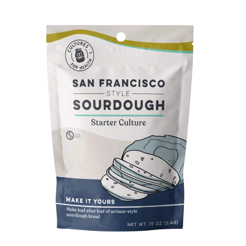 A package of san francisco style sourdough starter that is blue, white and green