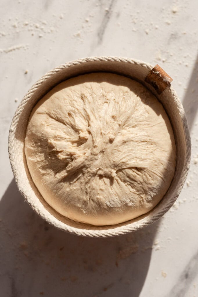 Sourdough boule resting seam-side up in a proofing basket, ready for fermentation.