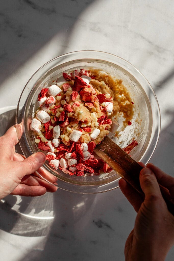 Freeze dried strawberries. marshmallows are mixed into the wet ingredients mixture to make the strawberry and cream cookies. 