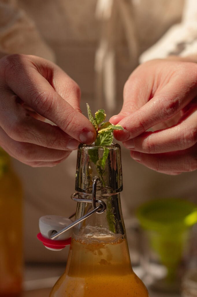 Handing adding fresh mint to a peach flavored kombucha.