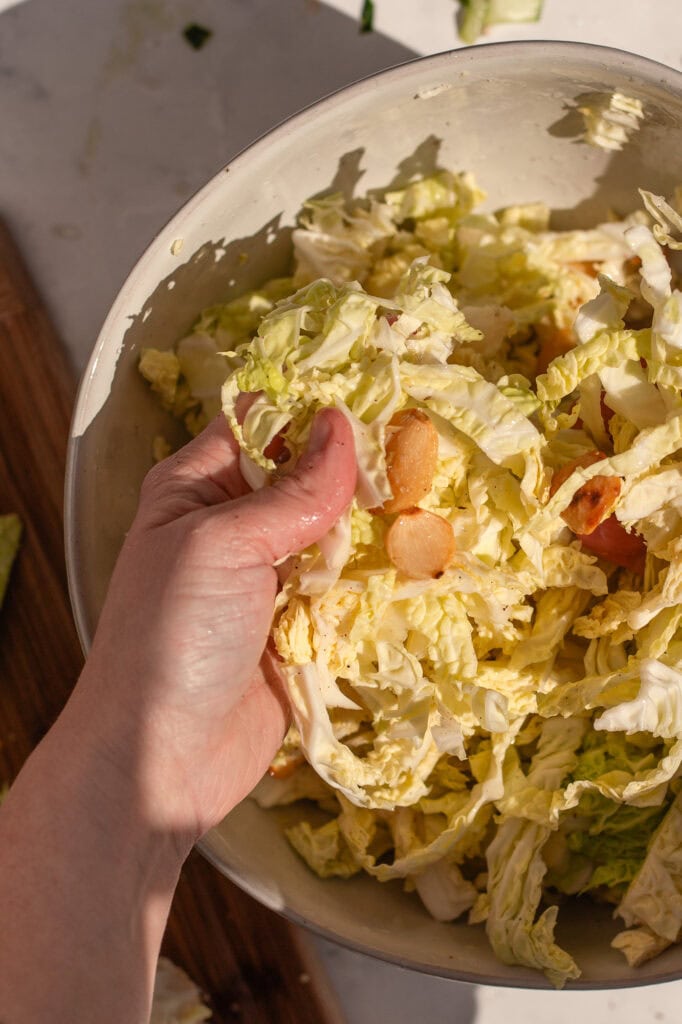 Mixing Roasted Garlic into the Shredded Cabbage hands mixing roasted garlic into shredded cabbage