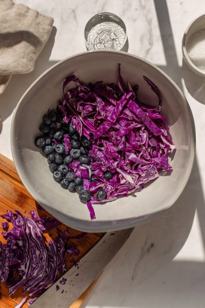 A bowl of chopped red cabbage and blueberries.