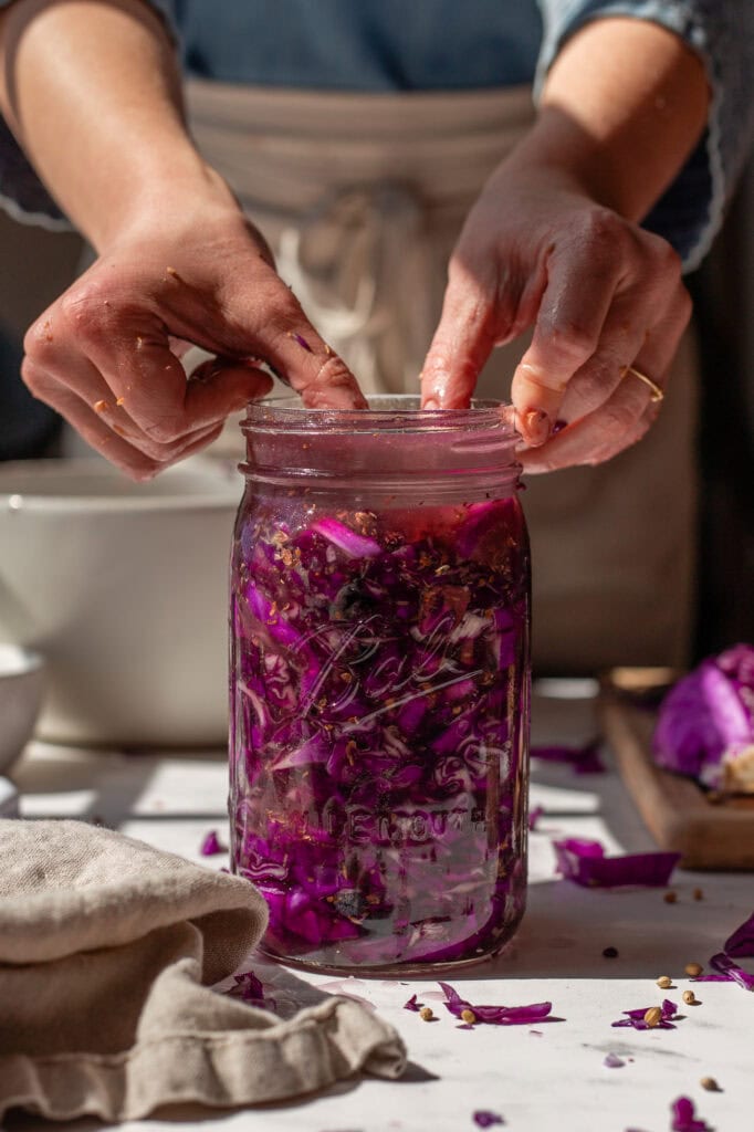 Hands adjusting the glass weight onto a glass jar filled with fermenting red cabbage and blueberries.