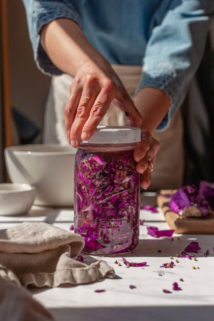 A fully sealed glass jar of red cabbage and blueberry sauerkraut, with a white lid and visible fermenting contents, ready for fermentation.