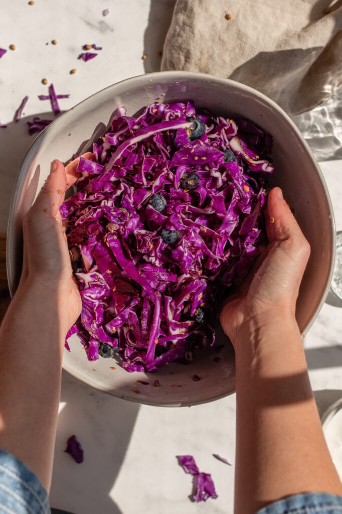 Hands mixing red cabbage, blueberries, salt and coriander. 