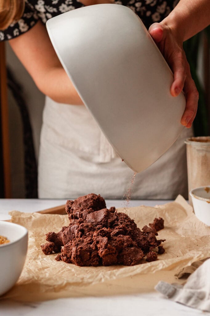 Sourdough Chocolate Dough Sourdough chocolate dough being dumped from a bowl onto a clean surface.