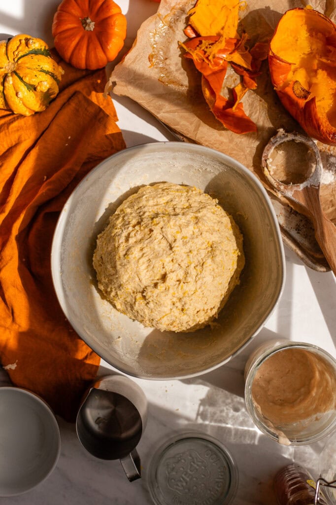 The First Rest for the Bagel Dough The round ball of pumpkin sourdough dough placed neatly inside a large mixing bowl.