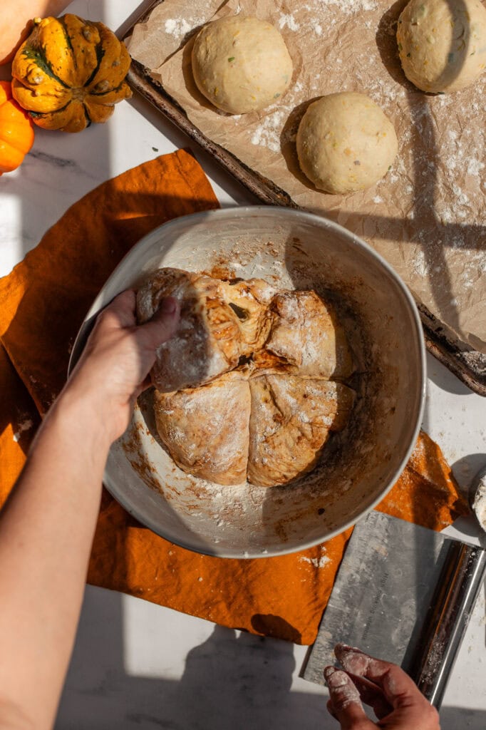Dividing the Sweet Cinnamon Bagel Dough A large ball of sweet pumpkin sourdough dough, with visible folds and a brown cinnamon swirl, is being divided into quarters.