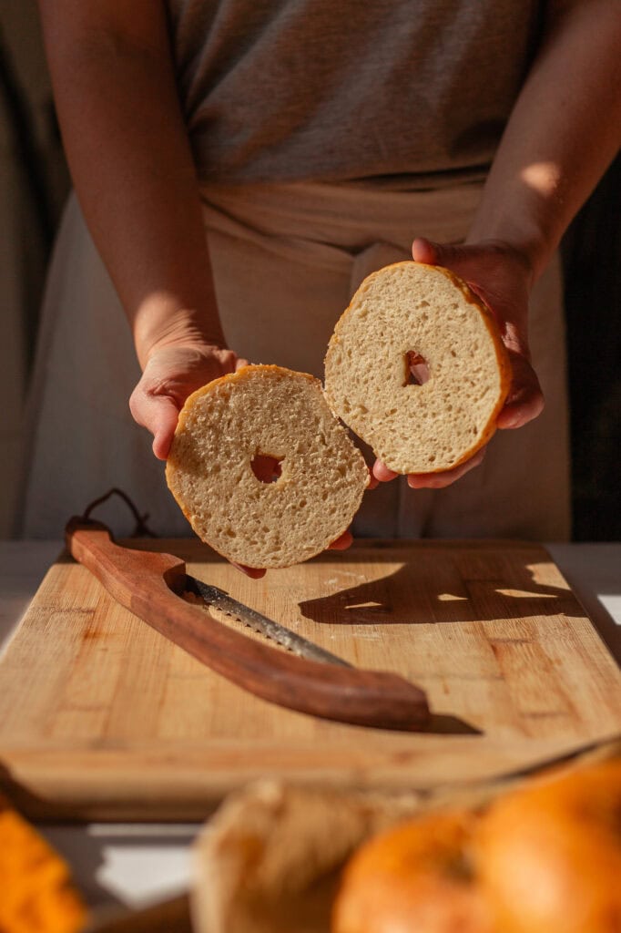 Delicious homemade bagel with a soft inside and crunchy crust.