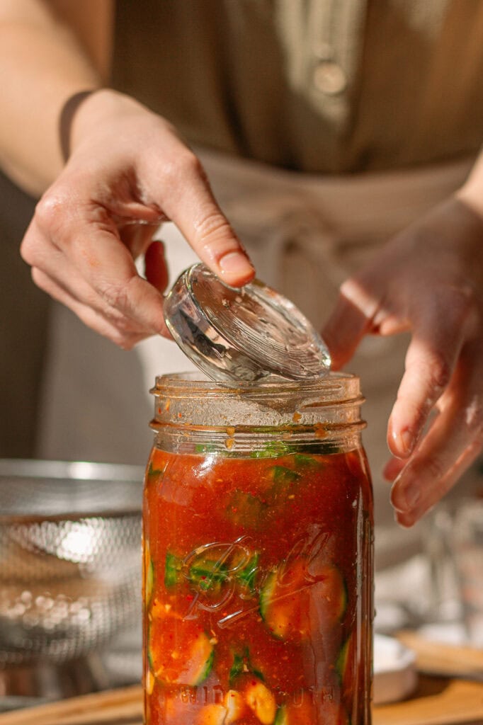 someone gently placing a glass disc shaped fermentation weight in a mason jar filled with bloody mary pickle ingredients